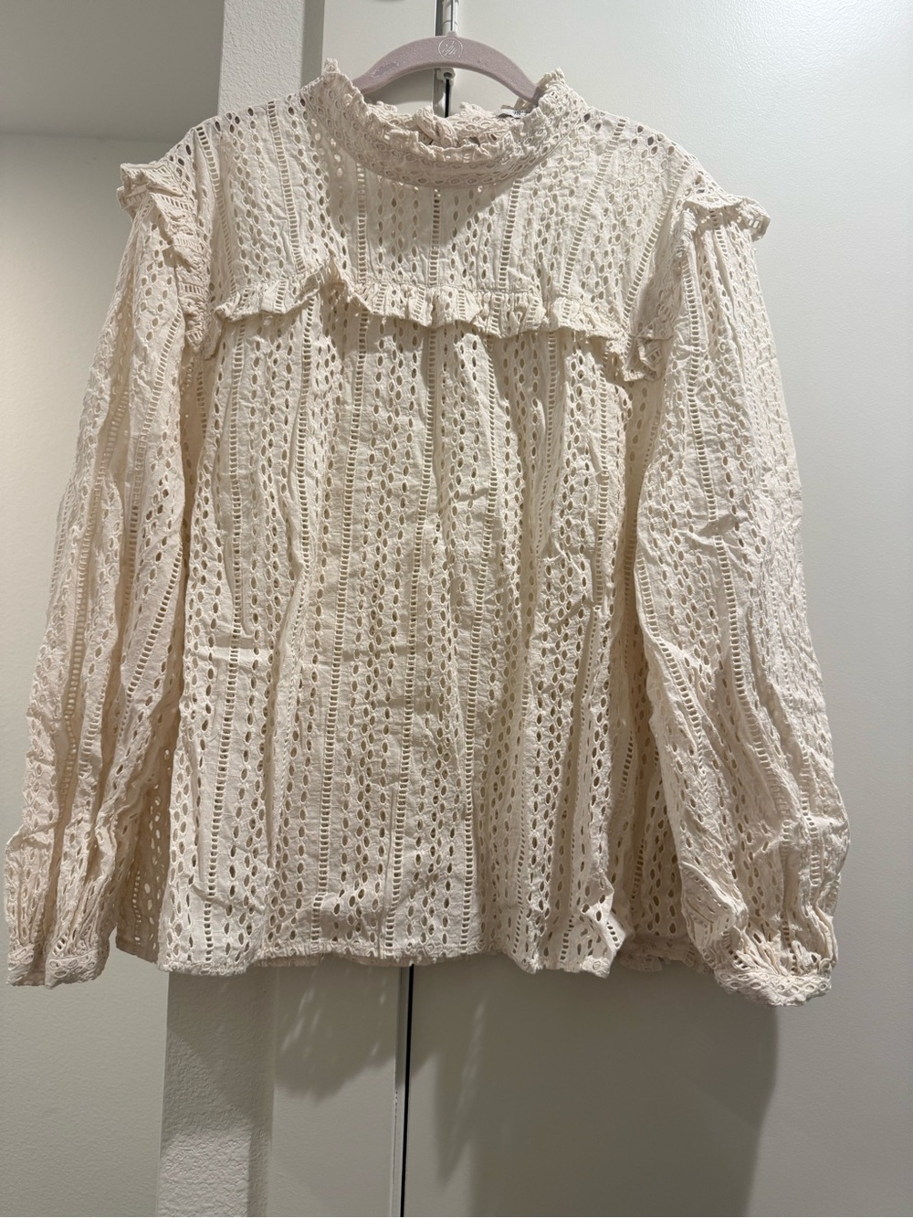 Madewell Cream Crochet Ruffle-Trim Long-Sleeve Top
